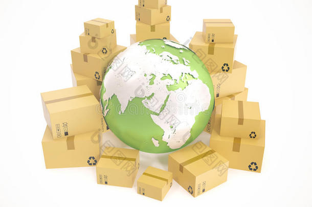 纸板箱运输和全球送货业务理念，地球地球仪。 三维渲染。 这个图像的元素