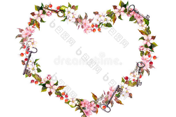 花圈-心形。 粉红色的花，心，钥匙。 情人节水彩画，婚礼