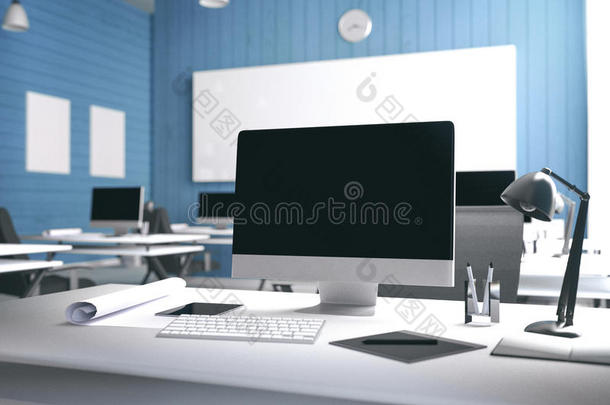 三维渲染：现代室内<strong>创意设计</strong>师<strong>办公室</strong>桌面插图与PC计算机。计算机实验室。
