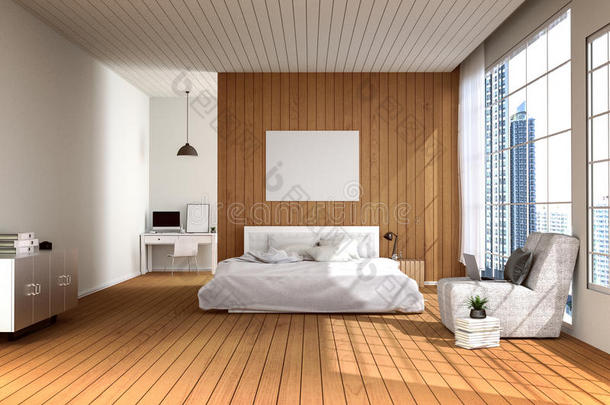 三维渲染：软光色大宽敞卧室的插图。优雅的现代卧室中有大舒适的双人床