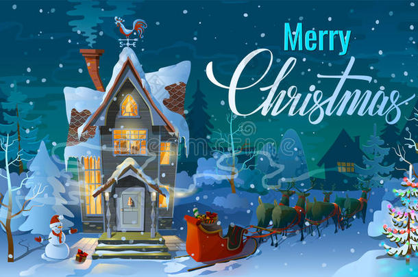 圣诞节。 晚上，圣诞老人和他的驯鹿雪橇和雪橇。 冬天的时候，在度假前把家庭的房子分开。 一个病人