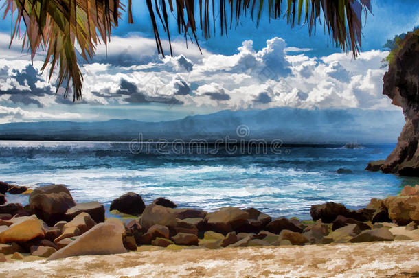 热带岛屿上美丽的海边。 海洋场景数字插图。