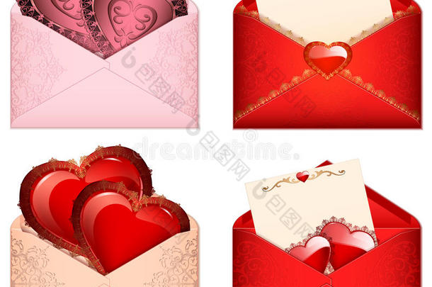 庆祝粉红色信封与情人节心粉红色打开信封与浪漫紫色的心和东方花卉图案