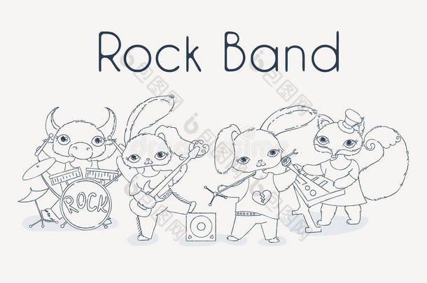 时髦的动物摇滚乐队。 可爱的<strong>儿童音乐</strong>插图。