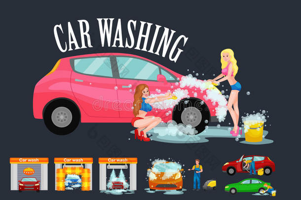 无触点洗车服务，比基尼模特女孩用肥皂和水清洗汽车，车辆内部吸尘器