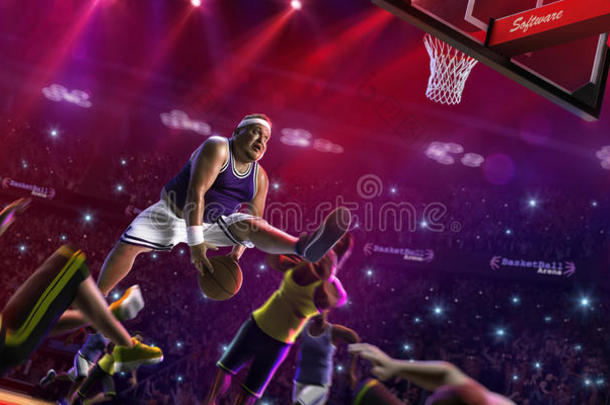 胖篮球非职业球员在行动，球场和敌人3D渲染