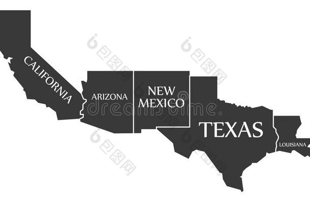 加州-亚利桑那州-新墨西哥州-德克萨斯州-路易斯安那州地图标记为黑色