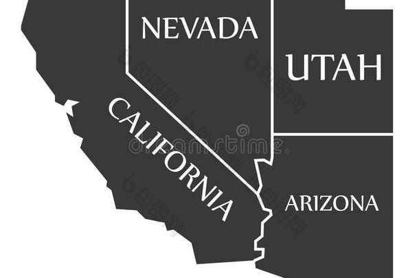 加州-内华达州-犹他州-亚利桑那州地图标记为黑色