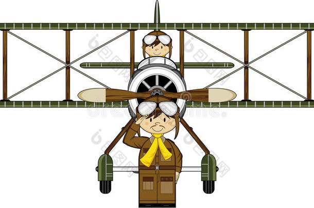 卡通WW1双翼飞机和飞行员