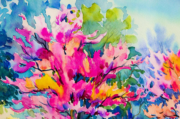 抽象水彩山水画五彩缤纷的野生喜马拉雅樱桃。