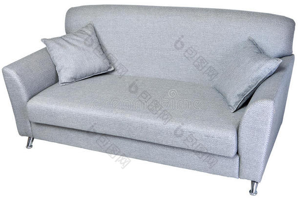 2座现代沙发，浅灰色面料，白色。