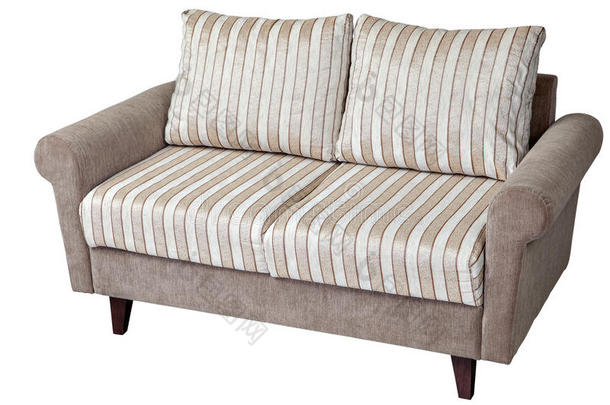 两个座位沙发软垫在条纹织物，隔离在白色。