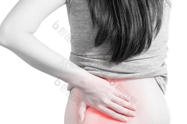 背部疼痛或<strong>腰部</strong>疼痛的妇女孤立在白色背景。 在白色背景上裁剪路径。