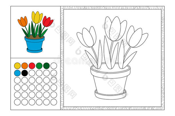 着色书页面与彩色模板，装饰框架和彩色样本-矢量黑白轮廓图片-三