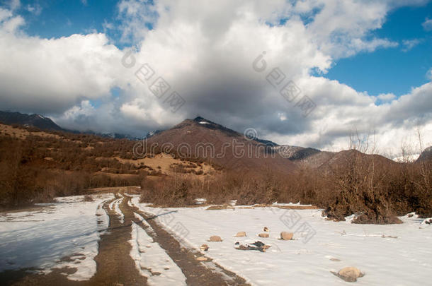 雪冬大高加索山脉的美丽景观。 阳光明媚的天气，树木云田的阿塞拜疆自然