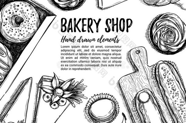 手绘矢量插图。 带有糕点的宣传小册子。 面包店。 完美的餐厅小册子，咖啡馆传单，德尔