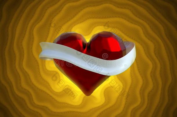 飞行红色切碎的心与白色丝带在橙色圆形波浪背景。 合作空间的文本情人节3D插画
