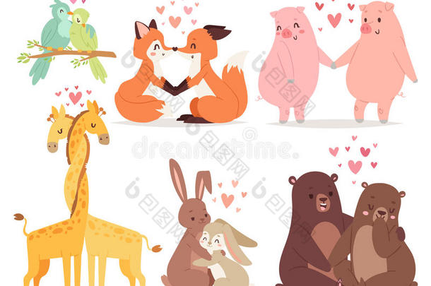 动物情侣恋爱情人节矢量插图。