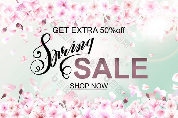 关于春季销售的广告，背景是美丽的<strong>樱</strong>花。 矢量插图。