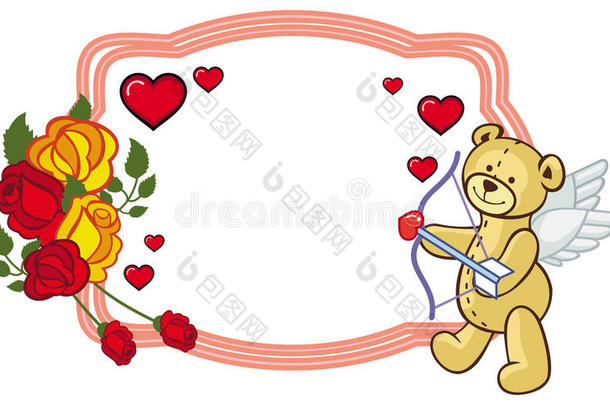 彩色框架与玫瑰和泰迪熊与蝴蝶结和翅膀，看起来像一个丘比特。