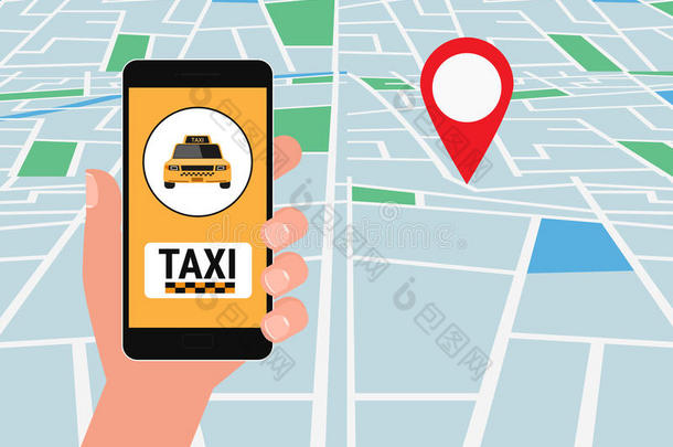 手持智能手机。 屏幕上的出租车服务应用程序和街道地图上的位置指针。 智能出租车服务理念。