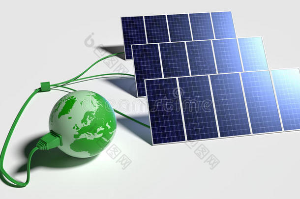 绿色地球仪连接到白色隔离的太阳能电池板上