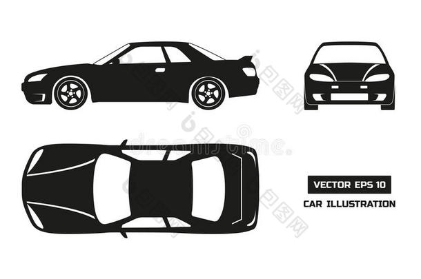 白色背景上汽车的黑色轮廓。 顶部，正面和侧面视图