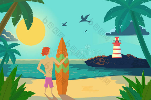 卡通冲浪者在热带海滩上拿着冲浪板。 矢量