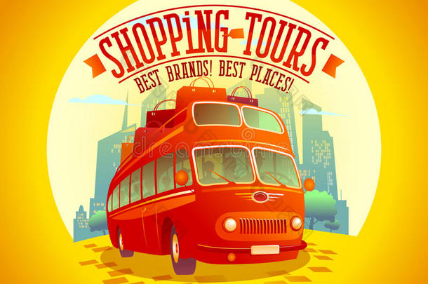 最好的购物旅游设计与骑双层巴士和许多纸袋，在日落城市背景