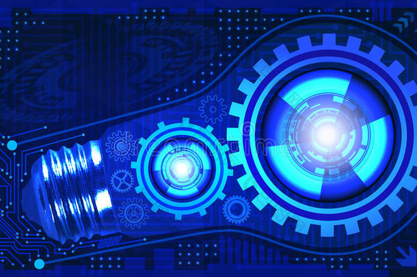 抽象的技术背景与灯泡，齿轮和微芯片的蓝色阴影。 具有MEC内部齿轮的灯泡的概念