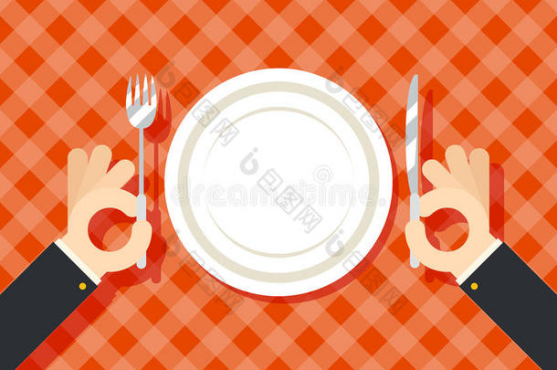 <strong>食品</strong>餐厅<strong>推广</strong>手餐具餐盘叉子和刀头符号在时尚的背景平面设计矢量