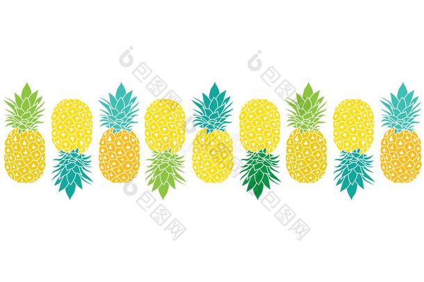 新鲜菠萝矢量重复无缝水平Pattern边框的黄色，蓝色和绿色。 很适合布料