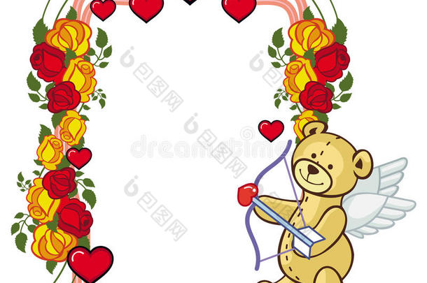 彩色框架与玫瑰和泰迪熊与蝴蝶结和翅膀，外观