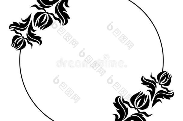黑白圆形框架与花卉剪影。