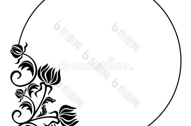 黑白圆形框架与花卉剪影。
