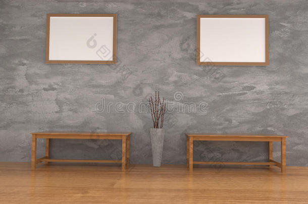 混凝土房间的长凳木椅与模拟框架照片在三维渲染
