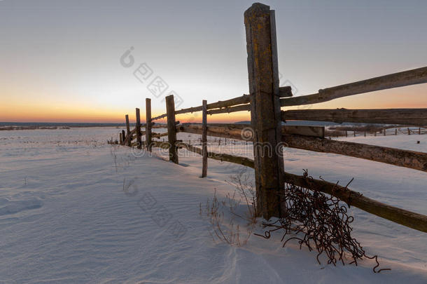 黎明时，冬天村庄的田野里有篱笆