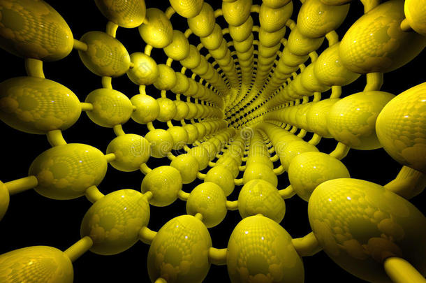 抽象的几何背景，金色隧道，由黑暗中的球体组成