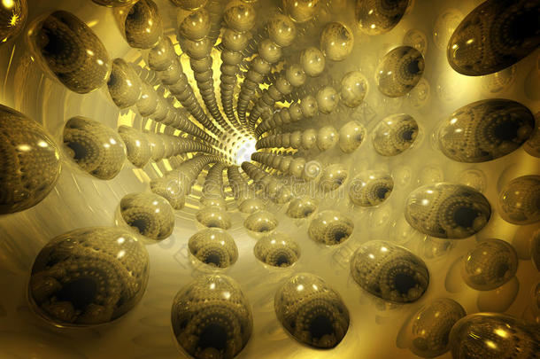 用金色球体制成的隧道抽象几何背景