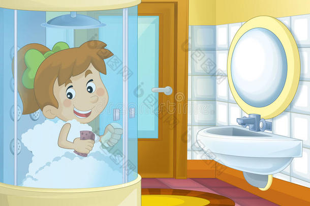 浴室里的卡通女孩-淋浴小屋