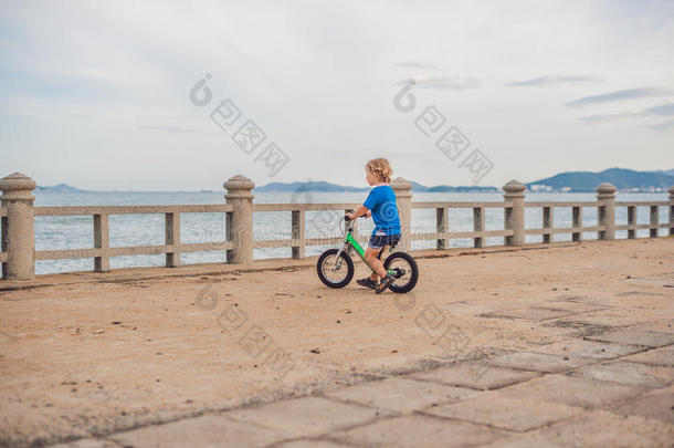 活跃的金发男孩在海边的公园里骑自行车。 蹒跚学步的孩子在温暖的夏天做梦和玩得开心。 在户外