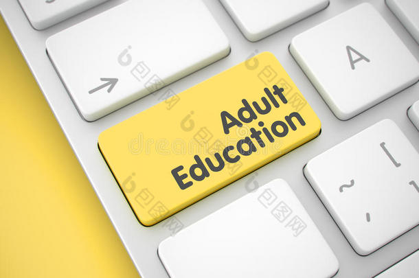 <strong>成人教育</strong>-黄色键盘按钮上的信息。 3D。