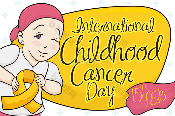 可爱的女孩在童年癌症日拿着一条金色的丝带，矢量插图
