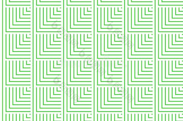 抽象无缝的白色和绿色线条和正方形和立方体被成行排列，形成一个连续的图案