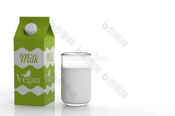 纸箱和一杯纯素牛奶。 三维插图