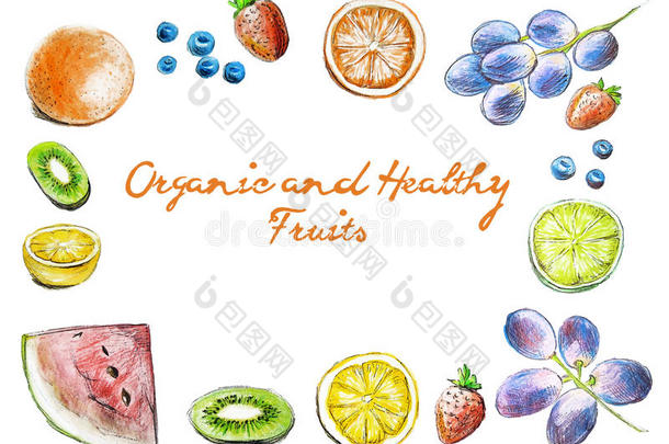 水果顶部视图框架。 健康食品海报