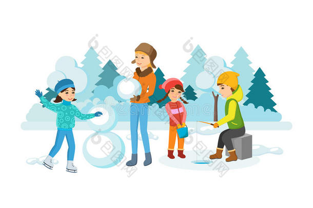 儿童冬季活动：滑冰，雕刻雪人，从事冬季钓鱼。