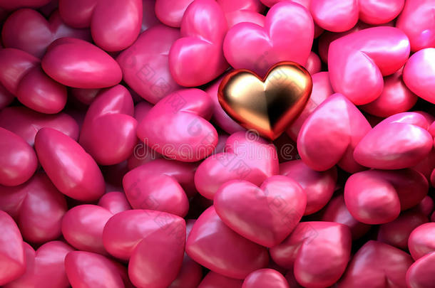 金色闪亮的心在粉红色闪亮的心的背景上。 情人节美丽`节日背景。