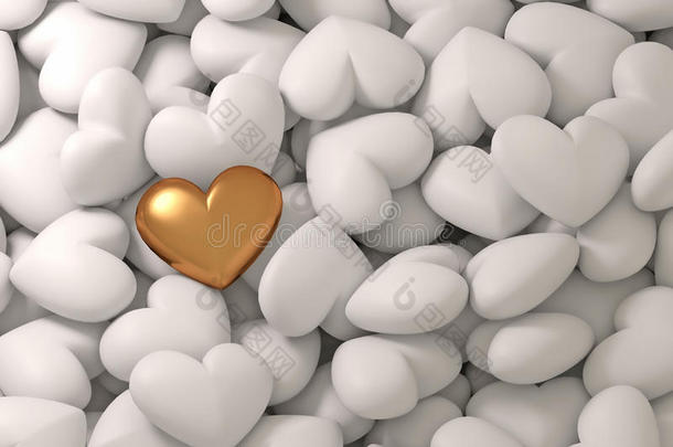 金色的心在白色的心的背景上。 情人节美丽`节日背景。 爱情，约会，婚姻的概念。