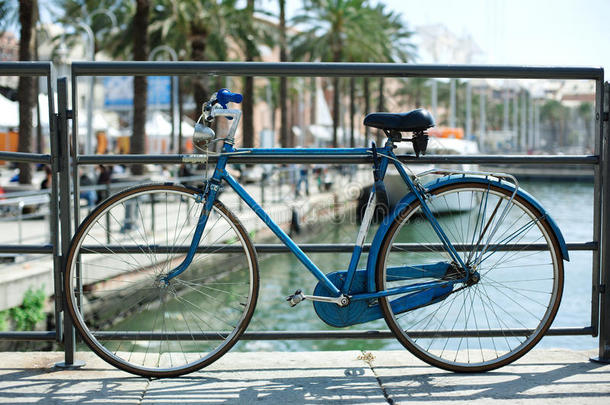 桥上栏杆附近的蓝色自行车